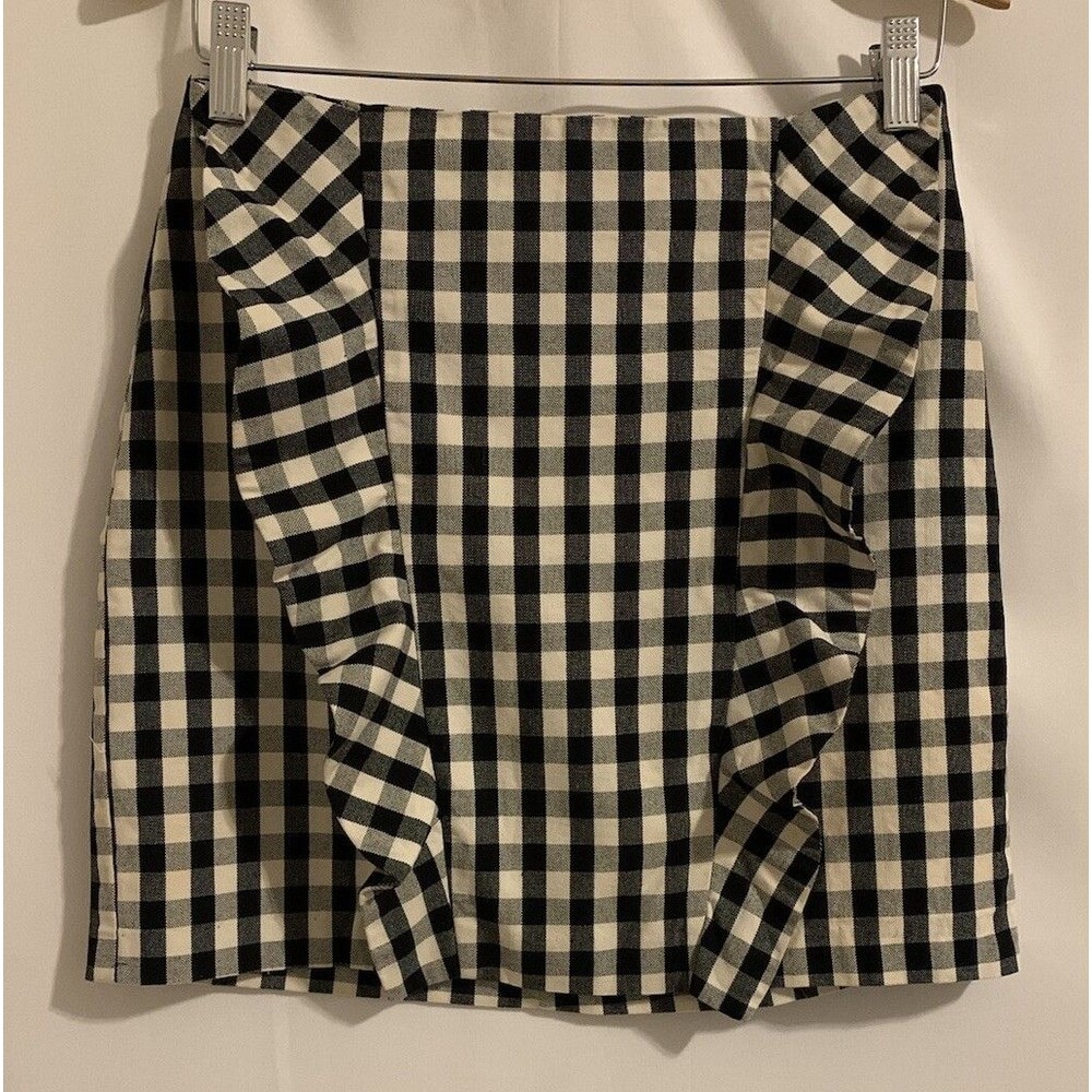 Stradivarius Skirt Womens Size 4 Black And White Mini Pencil Cotton Ruffle